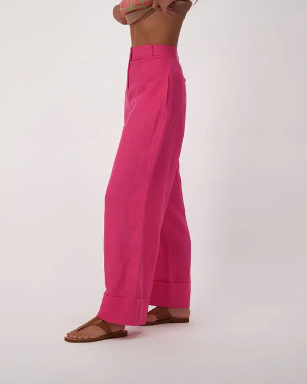 Pink Wide Leg  Cuffed Linen  Pant